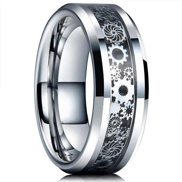 Roda de engrenagem cor prata vintage anéis masculinos de aço inoxidável dragão celta preto anel de fibra de carbono embutido anel de casamento masculino band209a