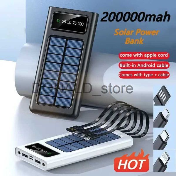 Силовая банка мобильного телефона Солнечный банк питания построенный кабели 200000 мАч Солнечное зарядное устройство 2 USB -порты Внешнее зарядное устройство PowerBank со светодиодным светом для Xiaomi iPhone J1220