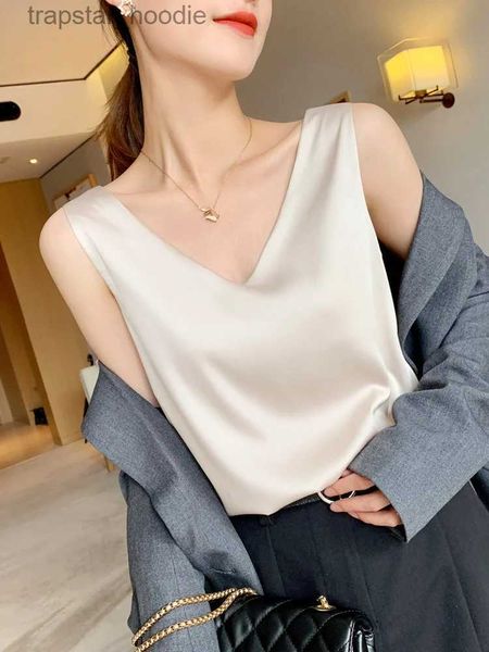 Frauen Tanks Camis 2023 Frauenblusen Sommer Chiffon gegen Hals Satin Büro Schwarz Frauen Tunika Elegante Hemden Seidenschließweste Frau Top L231220