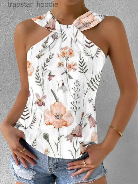 Tanques femininos Camis Mulheres Criss Cross Tank Summer Tops Sexy Sleless Halter Neck Top Floral Leaf Crop Top Bandage Vest Fe Outwear Outfits L231220