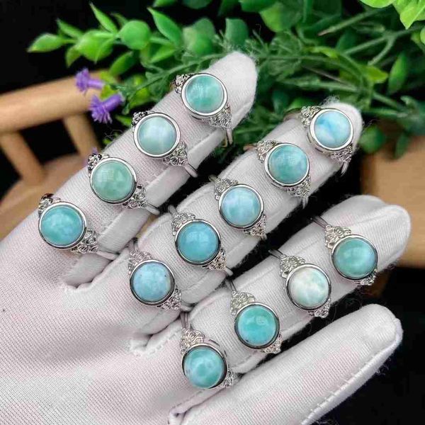 Anel solitário natural larimar, anel fashion cobre banhado a prata para mulheres 2023 acessórios de joias simplesl231220