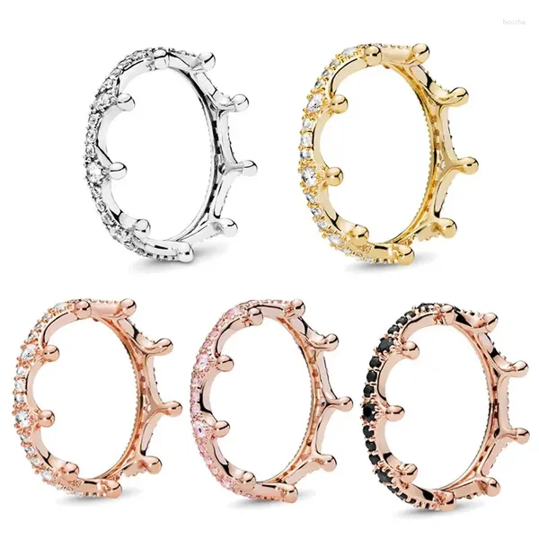 Anéis de cluster pan 925 anel de prata esterlina para mulheres rosa ouro rosa preto zircão pedra coroa dedo brilho jóias presente do dia dos namorados