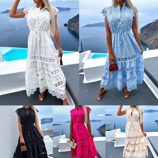 Vestidos casuais Hollow Out Color Solid Woman Dress Lace-up Longo Clube de peito único Sexy Party for Women Mini vestidos