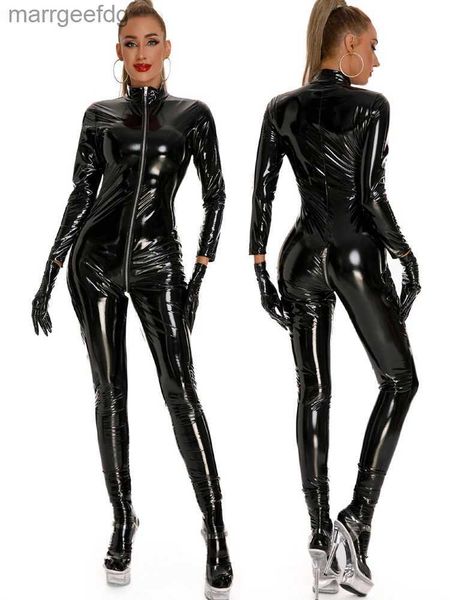 Macacões femininos macacão molhado olhar pvc catsuit manga longa zíper em dois sentidos aberto virilha bodysuit brilhante couro pu cosplay bodystocking macacão sexy collant yq231220