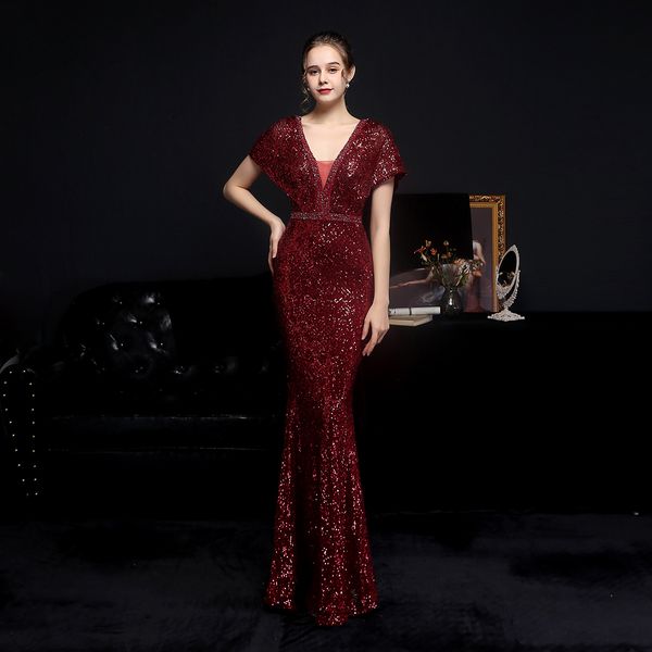 Vino rosso Abito da sera con scollo a V Donna Elegante manica corta con paillettes Sirena Maxi Abito da ballo di fine anno Abendkleider Robe De Soiree Abiti