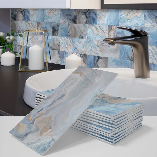 Carta da parati autoadesiva Pannello adesivo staccabile e incollabile Vinile in schiuma Decor Backsplash Piastrelle in marmo blu 4 