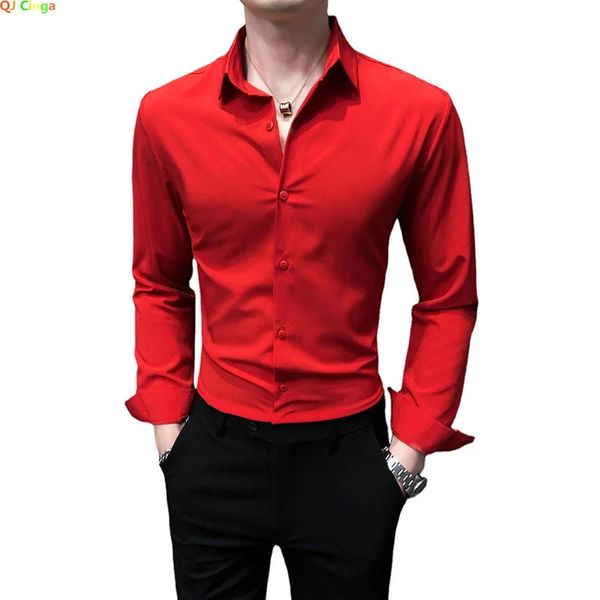 Parlak kırmızı uzun kollu gömlek erkek moda ince gömlek beyaz mavi gri erkekler üstleri siyah mor yeşil elbise camisa erkek kimyasal 231220