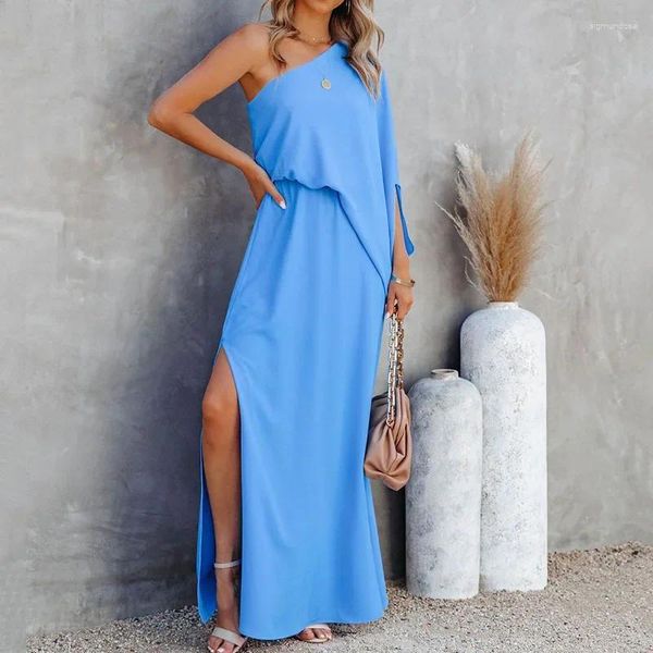 Casual Kleider Mädchen Sommer Blau Lange Schlitz Kleid Sexy Elegante Party Tragen Schrägen Hals Off Schulter Licht Lose Rosa Outfits