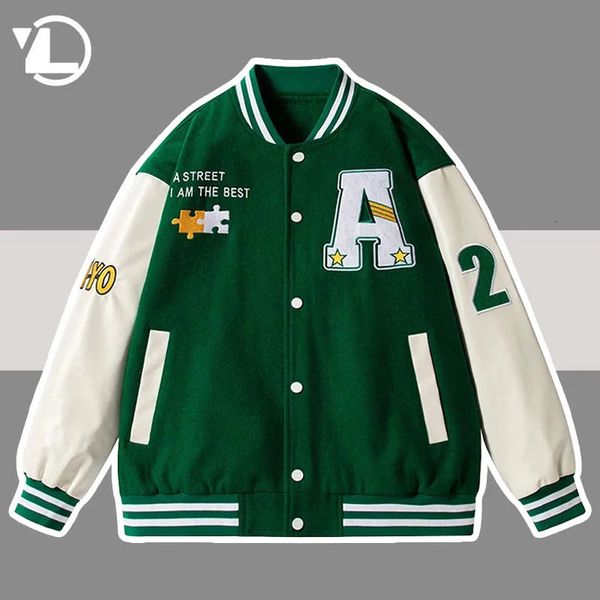 Jackets masculinos Hip Hop Varsity Jacket Men Harajuku Puzzle Letter Borderyer Baseball Jackets Green PU Couather Oversized College Coat Streetwear 231219