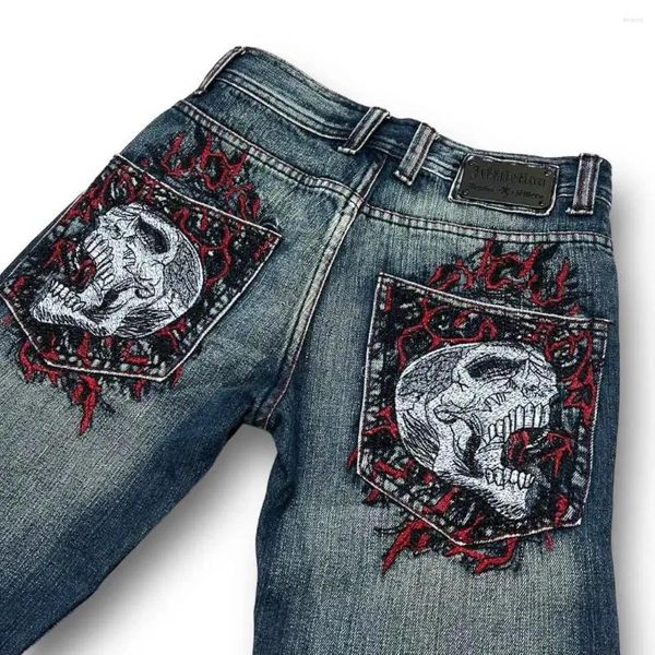 Calças de brim femininas rua personalidade retro chama crânio impressão lavado cintura alta denim calças harajuku casual solto magro para homem e mulher