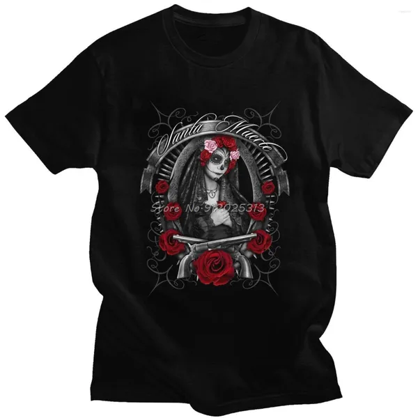 Homens Camisetas Novidade Santa Muerte Camiseta Mens Manga Curta Mexican Death Muertos Mãe Crânio T-shirt Verão Flor Armas Camisa de Algodão Tee