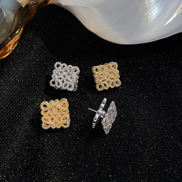 Marken-Ohrstecker, hohle quadratische Diamant-Ohrringe, vergoldet mit 18 Karat Gold, luxuriöse Designer-Ohrringe für Frauen, Hochzeitsschmuck, Weihnachtsgeschenk
