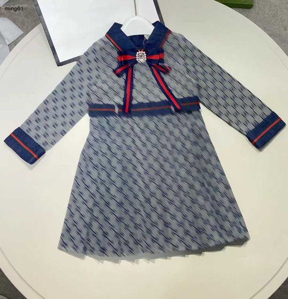 Marca criança vestidos fita laço decoração vestido de bebê tamanho 110-160 designer menina saia grade carta impressão completa criança vestido dec10