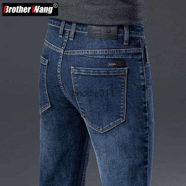 Jeans masculinos 2023 outono novos jeans masculinos fino em linha reta negócios casual calças elásticas moda azul todos os jogos calças jeans roupas de marca l231220