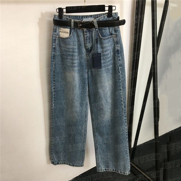 Lambwool Abzeichen Frauen Jeanshose mit Gürteldesigner Streetstyle Jeans High Taille gerade Bein Hose Jean für Lady