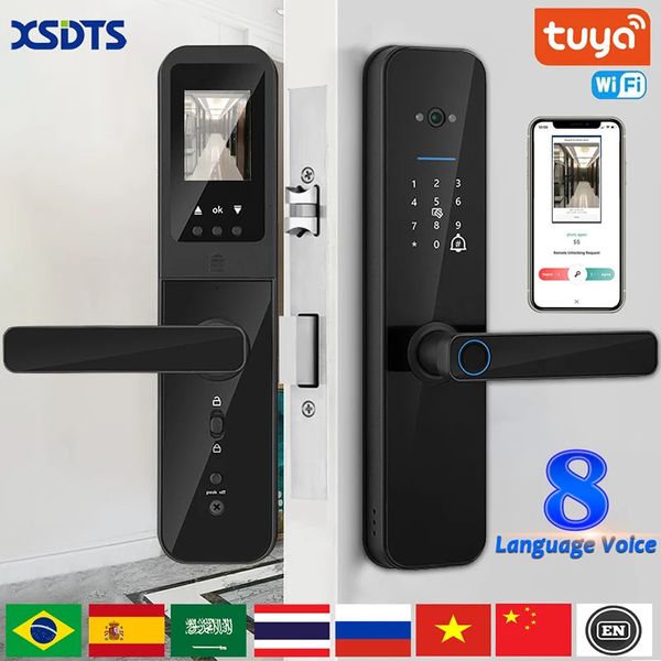 Serrature per porte XSDTS Tuya Wifi Smart Lock elettronico digitale con fotocamera biometrica Scheda di impronte digitali Password Sblocco chiave 231219