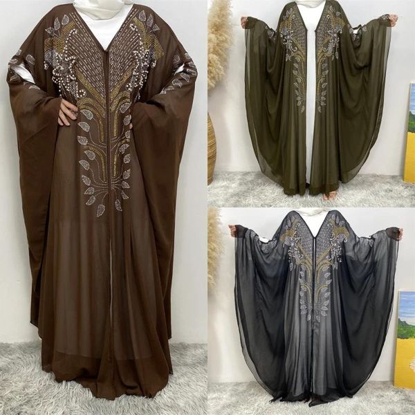 Roupas étnicas Dubai Moda Festa Vestido Batwing Manga Frisada Cardigan Muçulmano Abaya Marrocos Robe Vestido Solto Caftan Roupas Africanas