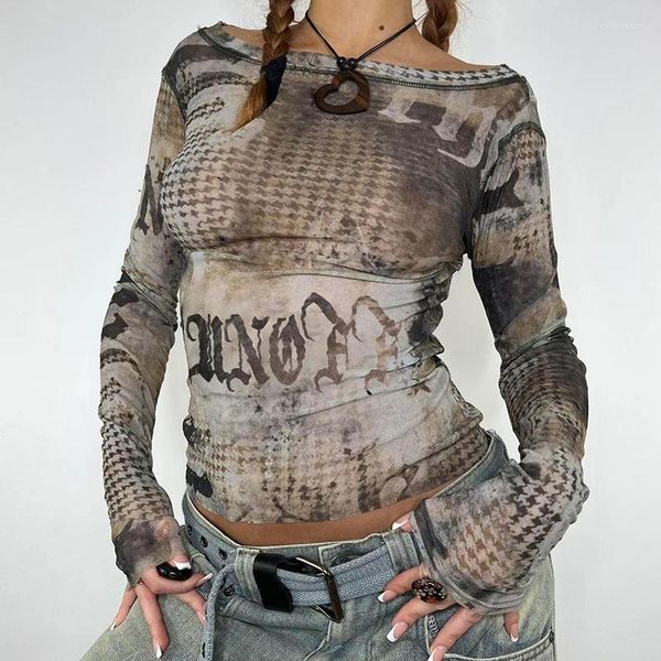 Damen T-Shirts Crop Top Y2k Vintage Print Grunge Retro Mesh Langarm Durchsichtig Sexy T-Shirt Clubwear Damenmode Outfits