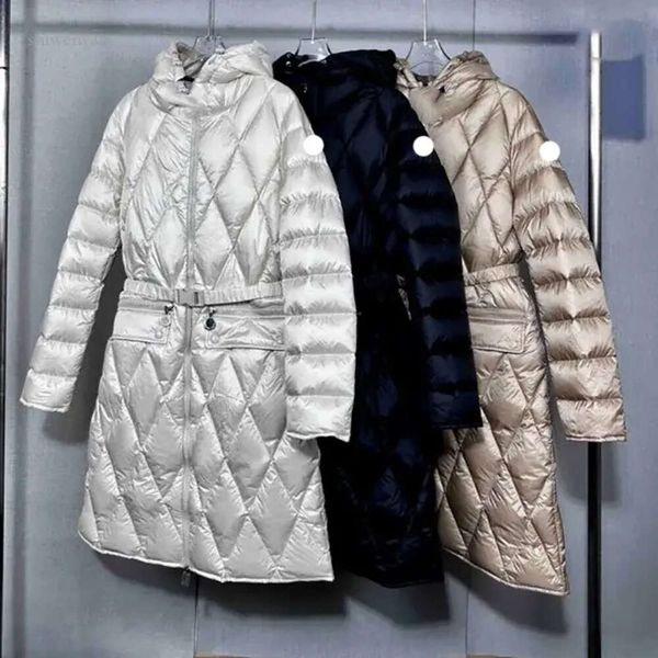 Mulheres jaqueta de inverno designer para baixo bordado emblema longo fino ajuste cintura envolto diamante xadrez capa puffer jaqueta engrossado quente das mulheres 123