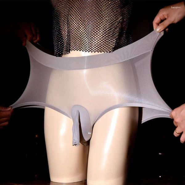 Unterhosen Öl Glänzende Slips Männer Transparente Glänzende Mesh Unterwäsche Hohe Elastische Höschen Sissy Homosexuell Penis Sleeve Erotische Dessous