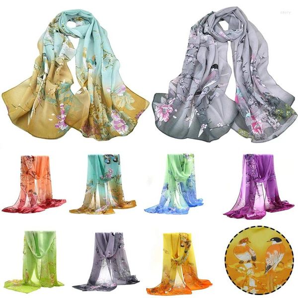 Lenços 160x50cm Mulheres Moda Fina Magpie Flor Impressão Hijab Longo Envoltório Senhoras Xaile Primavera Verão Silk Chiffon Scarf Stoles