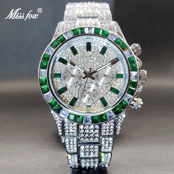 Relógios de pulso Gelo Ot Green Diamond Watch for Men Brand Luxury Sport Style Chronograph Men's Quartz Watches Relógio Durável Bom para Valor 231220