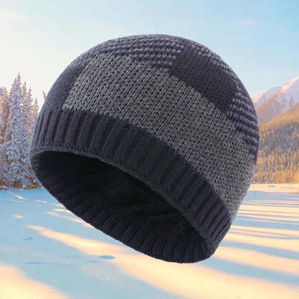 Berets inverno lã quente chapéu xadrez de malha e clima frio masculino grosso casual earmuffs tampa de orelha para