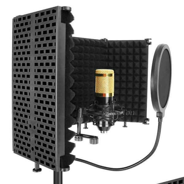 Microfones condensador microfone pop filtro isolamento escudo com suporte estúdio dobrável som painéis de espuma acústica para a6v drop deli dhhr6