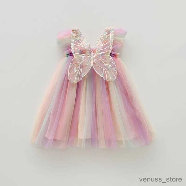 Vestidos da menina verão novo vestido para menina doce manga voadora asas estereoscópicas malha criança vestidos de aniversário bonito bebê menina vestido de princesa