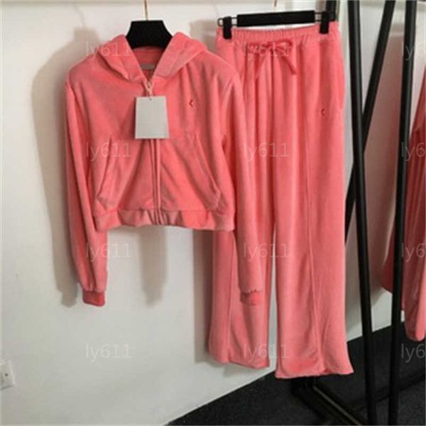 Tute firmate Abiti da donna Tute felpe Set sportivo in velluto Spilla Giacca a maniche lunghe con cerniera Pantaloni a gamba larga a vita alta Set da 2 pezzi Tute da donna