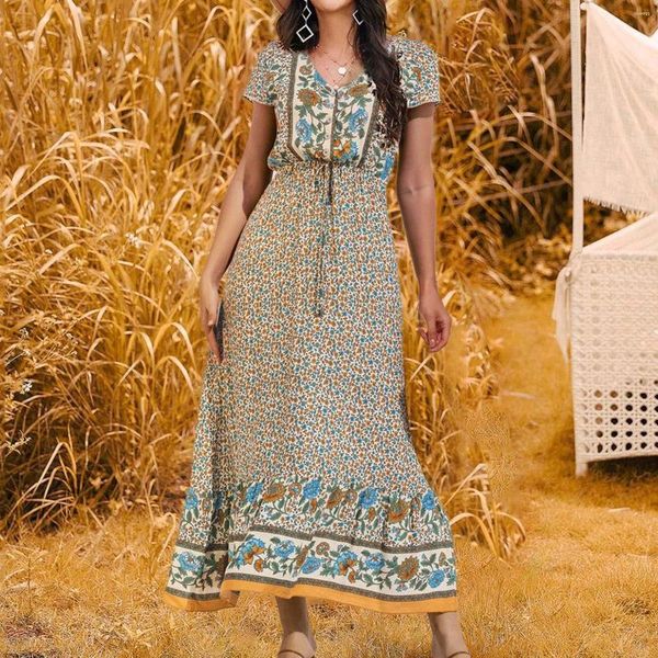 Vestidos casuais mulheres manga curta v pescoço maxi vestido moda 2023 impressão longa saia elegante sexy boho estilo vestido feminino