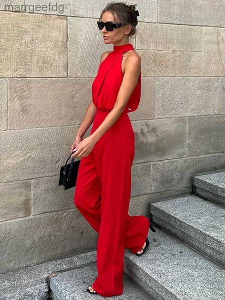 Jumpsuits von Frauen Rolren elegante solide Frauen hohe Taille Wide Leg Jumpsuit Chic Hanges Hals ärmellose Slim Set 2023 Sommer Lady Holiday Fashion Outfit YQ231220