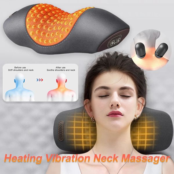 Massageando travesseiros de pescoço aquecimento vibração pescoço massageador elétrico massageador cervical travesseiro tração traseira relaxar dormir travesseiro de espuma de memória suporte para coluna 231220