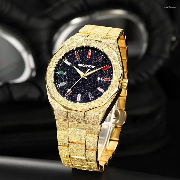 Relógios de pulso aocasdiy estilo masculino grande mostrador cheio de banda de aço de luxo relógio círculo dourado vida impermeável explosão transfronteiriça
