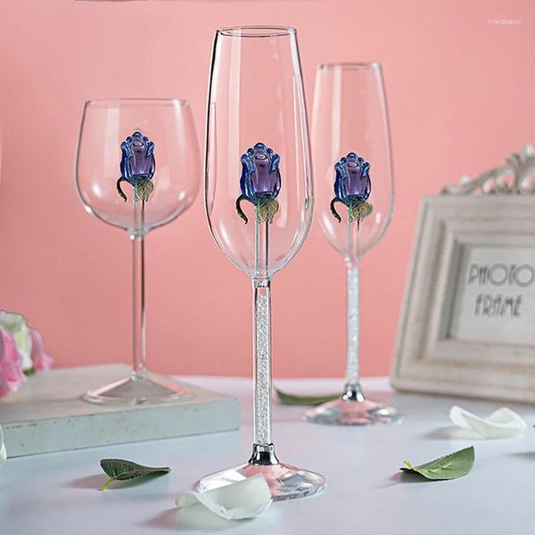 Weingläser, 1 Stück, kreativ, 3D-blaues Glas, Rose, integrierter Kelch, Champagner, Zuhause, süßes Geschenk, Blumen-Cocktail