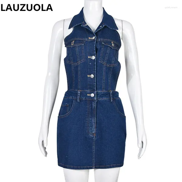 Vestidos casuais sexy halter único breasted azul denim camisa vestido 2023 verão moda clube festa sem mangas sem costas para mulheres