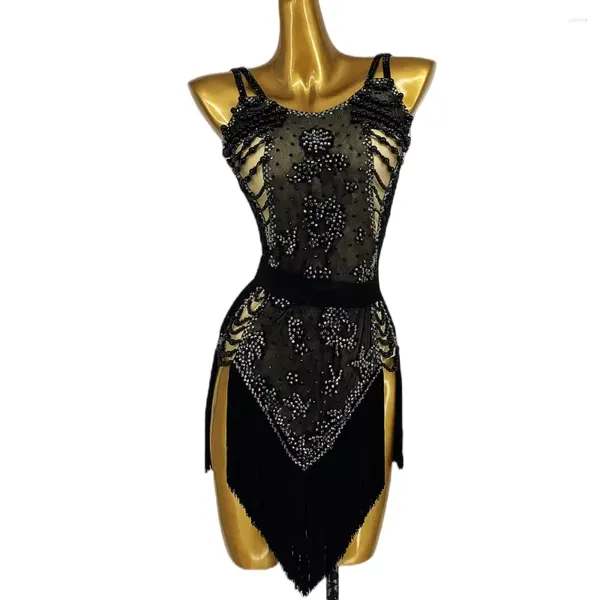 Bühnenkleidung für lateinamerikanische Tänze, Standardkleidung, hochwertiges maßgeschneidertes Samba-Rumba-Kleid mit Diamant-Blumenmuster