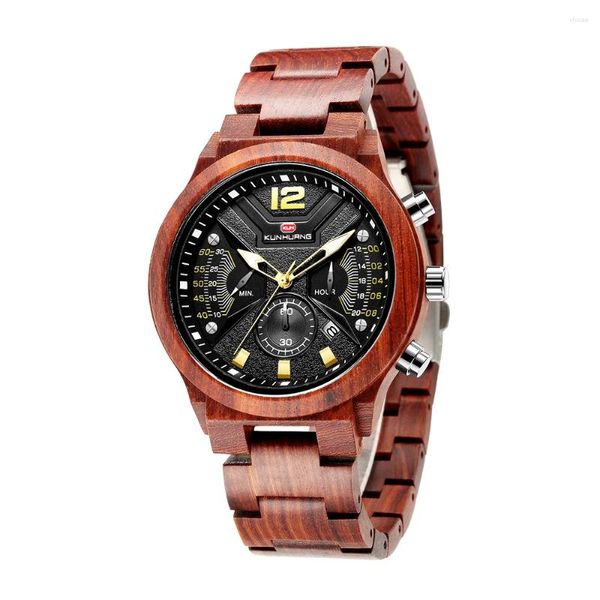 Bilek saatleri Kunhuang Wood Watch Man Çok Fonksiyonlu Moda Zamanı Kronograf Basit Saf Askeri Spor Kuvars Kol saati