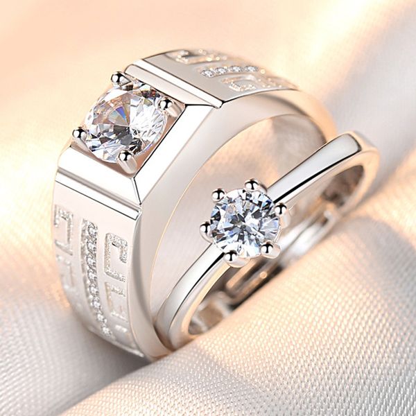 Anel de casal, anel de diamante masculino e feminino, anel de casamento aberto de zircão simulado, edição coreana banhada a prata e dominante, anel masculino europeu e americano