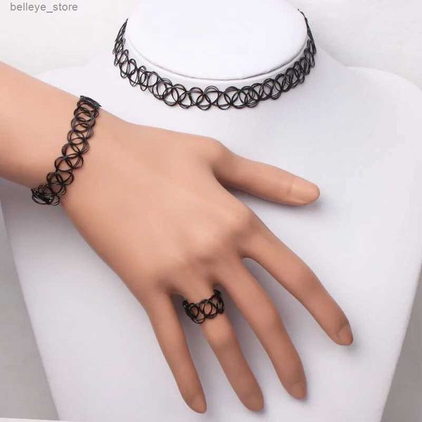 Charme pulseiras 2 pc / lote estilo verão meninas elásticas vintage estiramento tatuagem gargantilha colar mulheres gótico punk elástico pulseira anel jóias setl23121