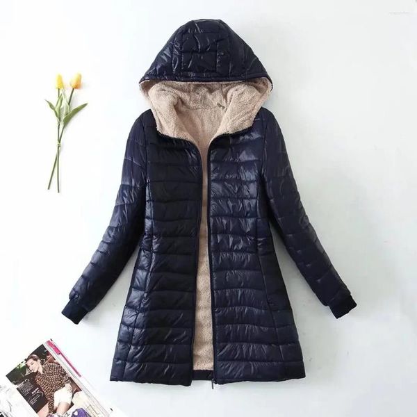 Trench da donna stile coreano blu navy cappotto di cotone con cappuccio di media lunghezza per le donne 2023 autunno e inverno donna in lana d'agnello caldo top