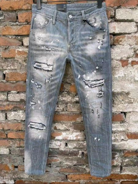 Jeans masculinos moda de rua c033 # marca italiana topo fluxo casual buraco remendo algodão azul-cinza denim tamanho 44-54 roupas masculinas