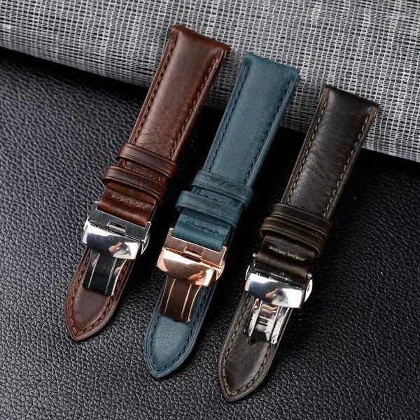 Pulseiras de relógio artesanais pulseiras de couro genuíno 18mm 20mm 22mm universal borboleta fivela cinta marrom homens banda inteligente