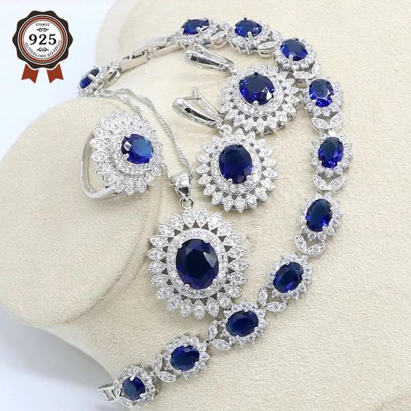 Otros juegos de joyas para mujer, Topacio de zafiro azul Natural, circonita blanca, pendientes de fiesta, colgante, collar, anillos, pulsera