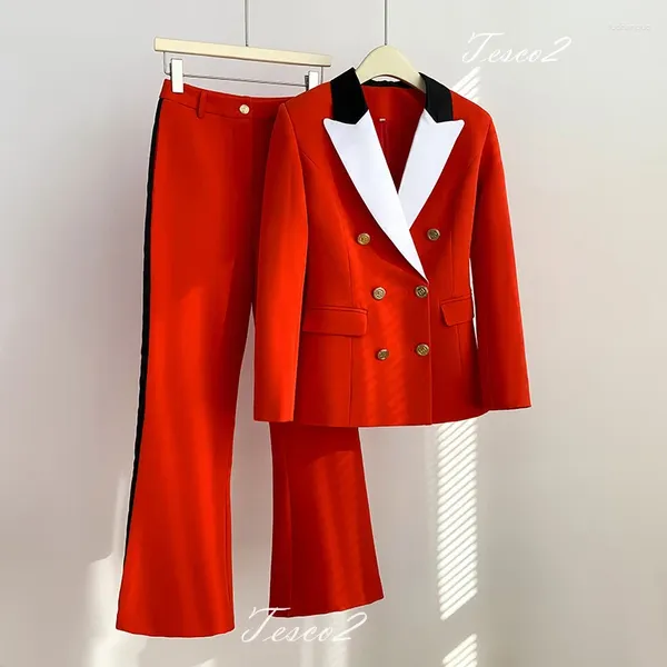 Kadınlar İki Parçalı Pantolon Tesco Sonbahar Kış Takımı Blazer Patchwork Uzun Kollu Ofis Leydi Ceket Pantolonları İnce Kırmızı Kıyafetler