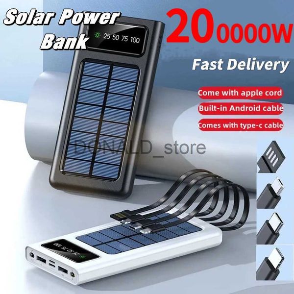 Банки питания для сотовых телефонов 200000 мАч Банк солнечной энергии Встроенные кабели Солнечное зарядное устройство 2 USB-порта Внешнее зарядное устройство Powerbank со светодиодной подсветкой для Xiaomi iphone J231220