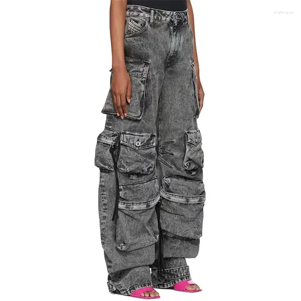 Jeans femininos y2k americano retro lavado pesado multi-bolso macacão senhoras calças harajuku punk gótico baggy perna larga