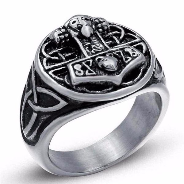 Вся мода 2018 года, ювелирные изделия Bague Odin's, символ норвежского викинга, кольцо с молотком, байкерские кольца из нержавеющей стали для мужчин 6C0274252n