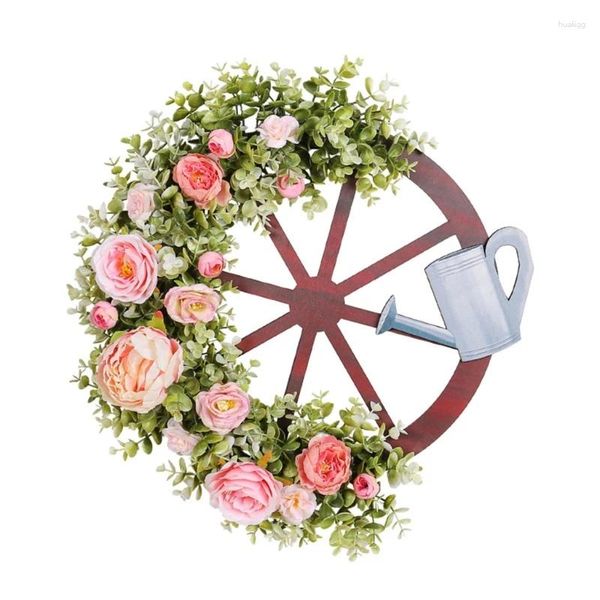 Fiori decorativi Annaffiatoio creativo Corona di ruote 2024 Simulazione di primavera Porta anteriore esterna Layout di scena di campagna Puntelli
