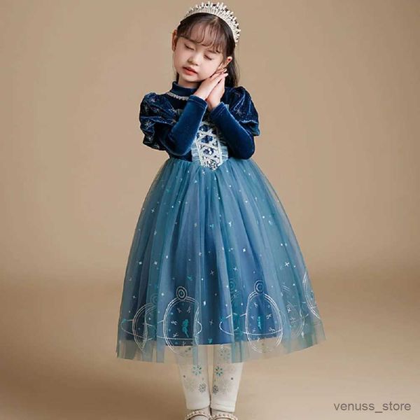 Mädchenkleider Winterkleid kleines Mädchen Velvet Blue Kinder Drehetisch Tennis Pailletten Halloween Kleidung Kinderballkleid Abend 3 bis 10 Jahre